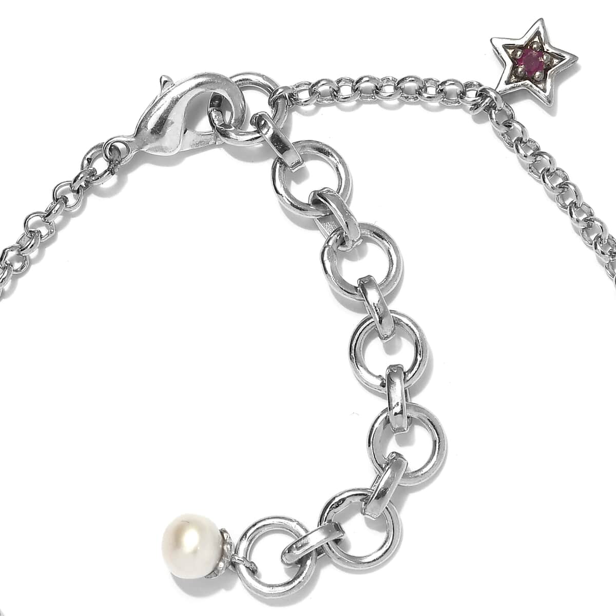 KARIS Freshwater Pearl and Niassa Ruby Star Charm Anklet in Platinum Bond (9 In) 0.20 ctw image number 2