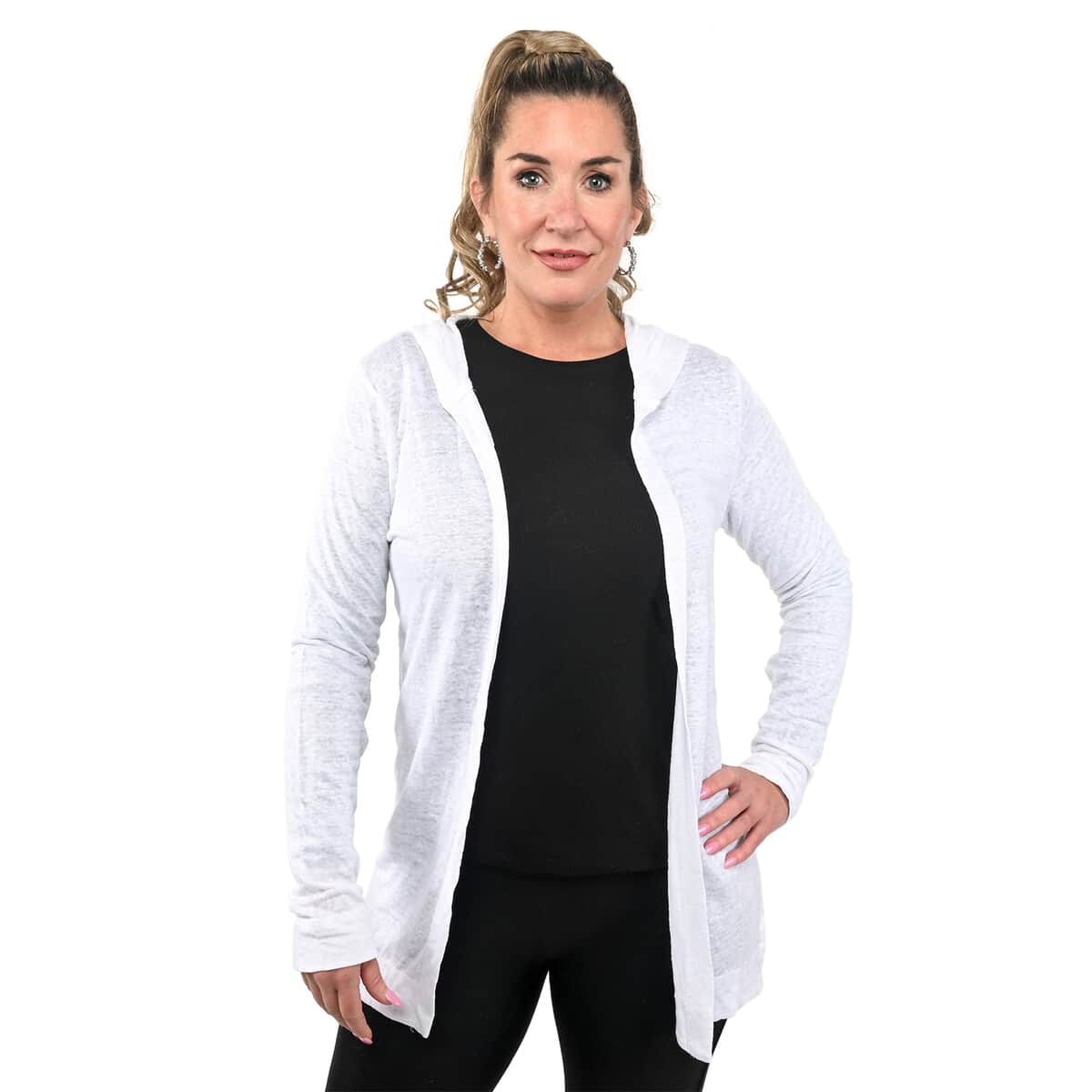 JOVIE White Color Linen Women Cardigan with Hood - Size 2X image number 0