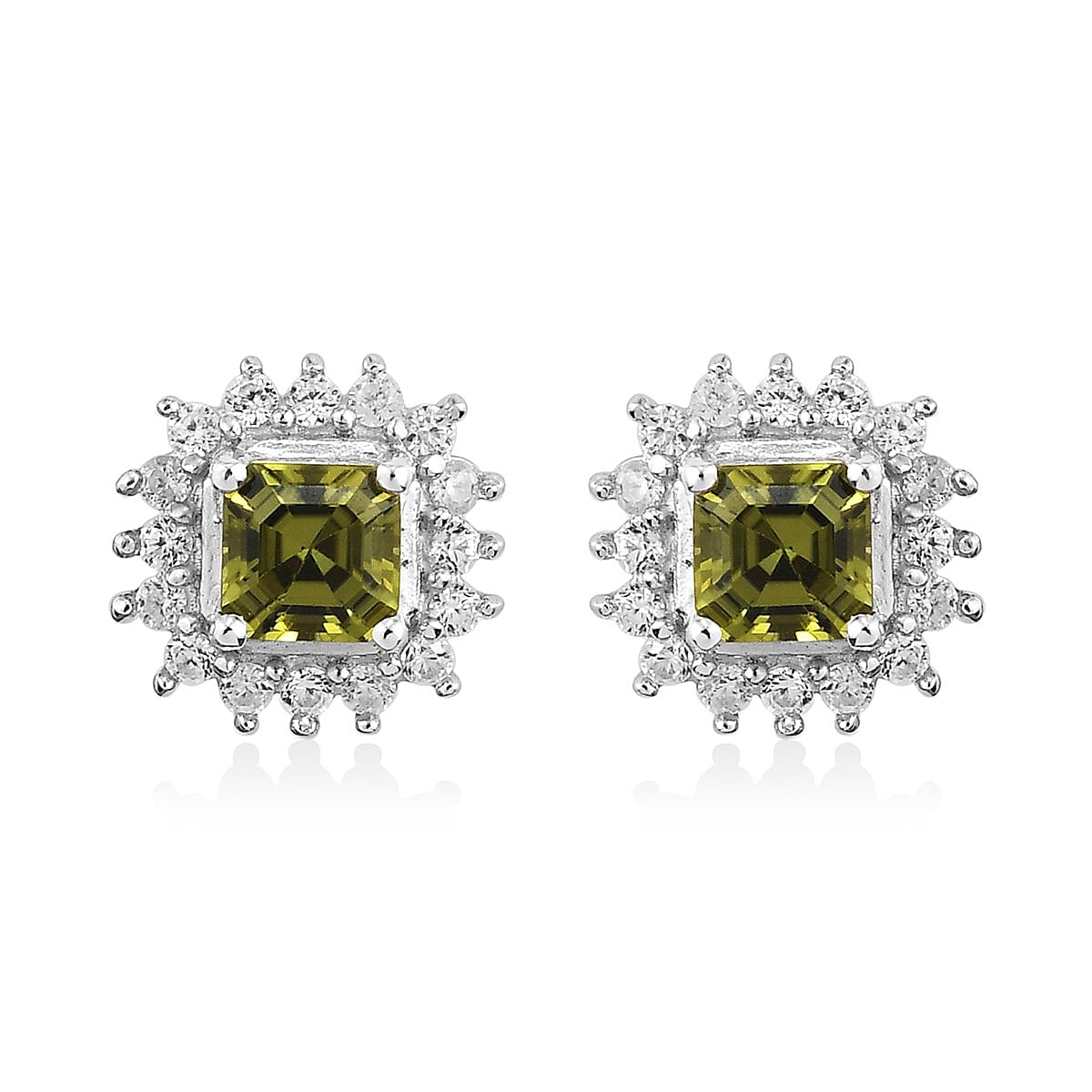 AMERICAN Natural Arizona Peridot and Zircon Stud Earrings in Platinum Over Sterling Silver 1.10 ctw