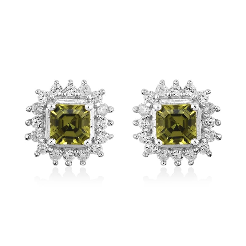 AMERICAN Natural Arizona Peridot and Zircon Stud Earrings in Platinum Over Sterling Silver 1.10 ctw