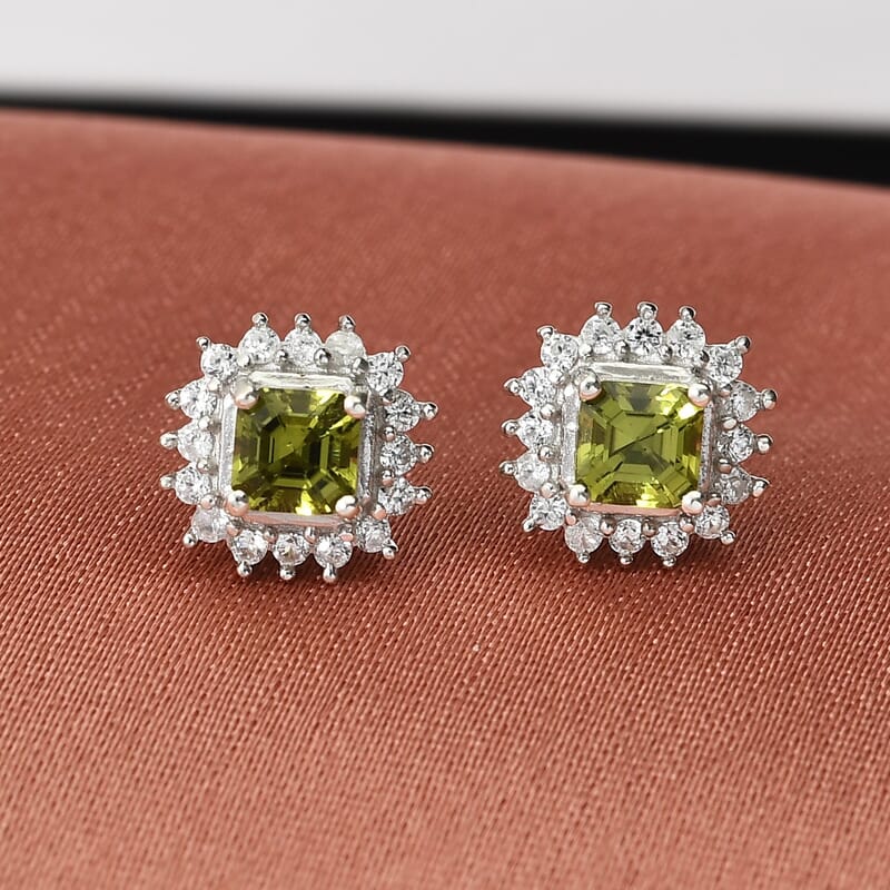 AMERICAN Natural Arizona Peridot and Zircon Stud Earrings in Platinum Over Sterling Silver 1.10 ctw