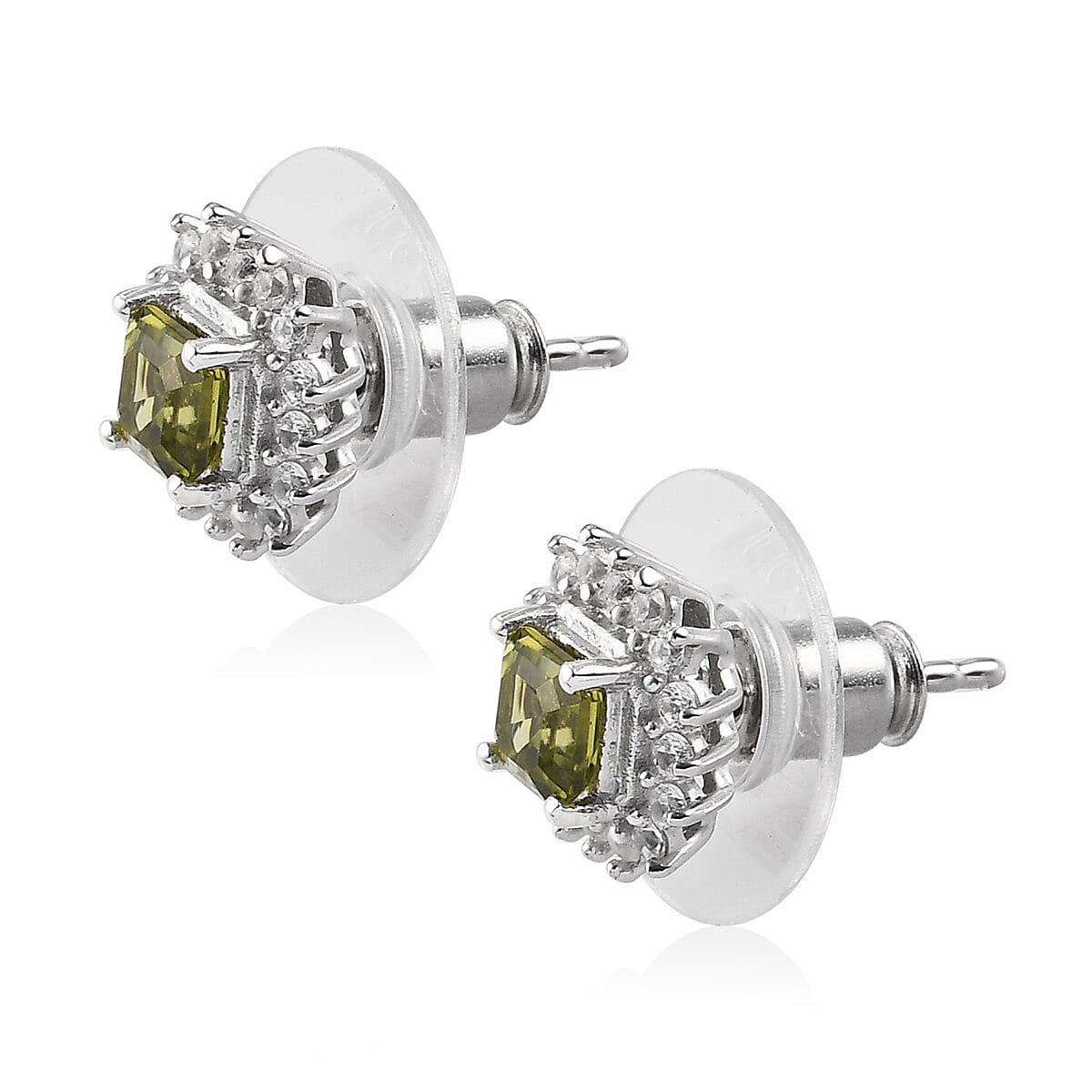 AMERICAN Natural Arizona Peridot and Zircon Stud Earrings in Platinum Over Sterling Silver 1.10 ctw