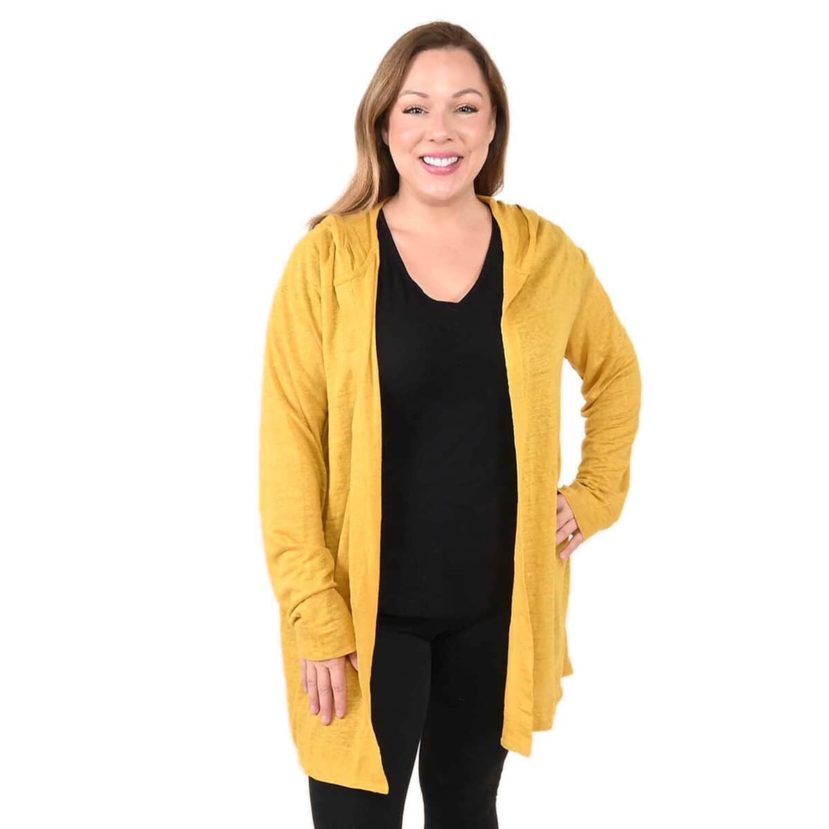 Jovie Yellow Color Linen Women Cardigan with Hood Size - 1X image number 0