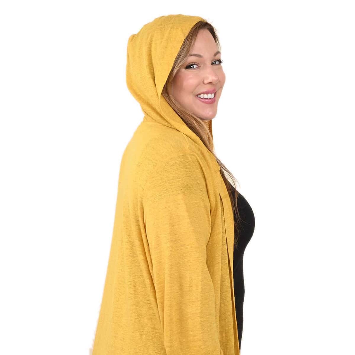 Jovie Yellow Color Linen Women Cardigan with Hood Size - 1X image number 3
