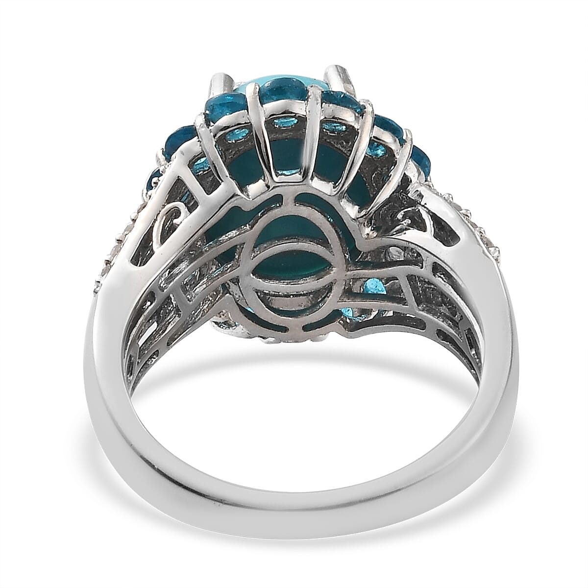 Sleeping Beauty Turquoise, Malgache Neon Apatite and Diamond Cocktail Ring in Platinum Over Sterling Silver (Size 8.0) 5.00 ctw image number 4
