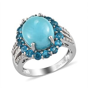 Sleeping Beauty Turquoise and Malgache Neon Apatite, Diamond Cocktail Ring in Platinum Over Sterling Silver (Size 9.0) 5.00 ctw