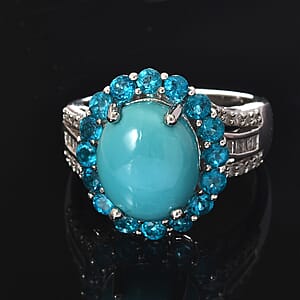 Sleeping Beauty Turquoise and Malgache Neon Apatite, Diamond Cocktail Ring in Platinum Over Sterling Silver (Size 9.0) 5.00 ctw