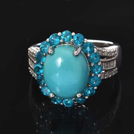 Sleeping Beauty Turquoise and Malgache Neon Apatite, Diamond Cocktail Ring in Platinum Over Sterling Silver (Size 9.0) 5.00 ctw image number 1