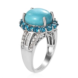 Sleeping Beauty Turquoise and Malgache Neon Apatite, Diamond Cocktail Ring in Platinum Over Sterling Silver (Size 9.0) 5.00 ctw