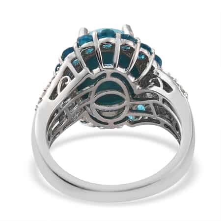 Sleeping Beauty Turquoise and Malgache Neon Apatite, Diamond Cocktail Ring in Platinum Over Sterling Silver (Size 9.0) 5.00 ctw image number 4
