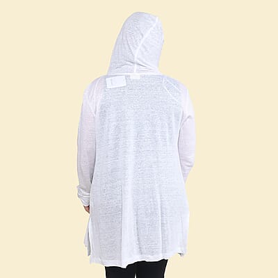Tamsy White Color Linen Women Cardigan with Hood Size - L
