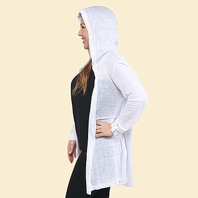 Tamsy White Color Linen Women Cardigan with Hood Size - L