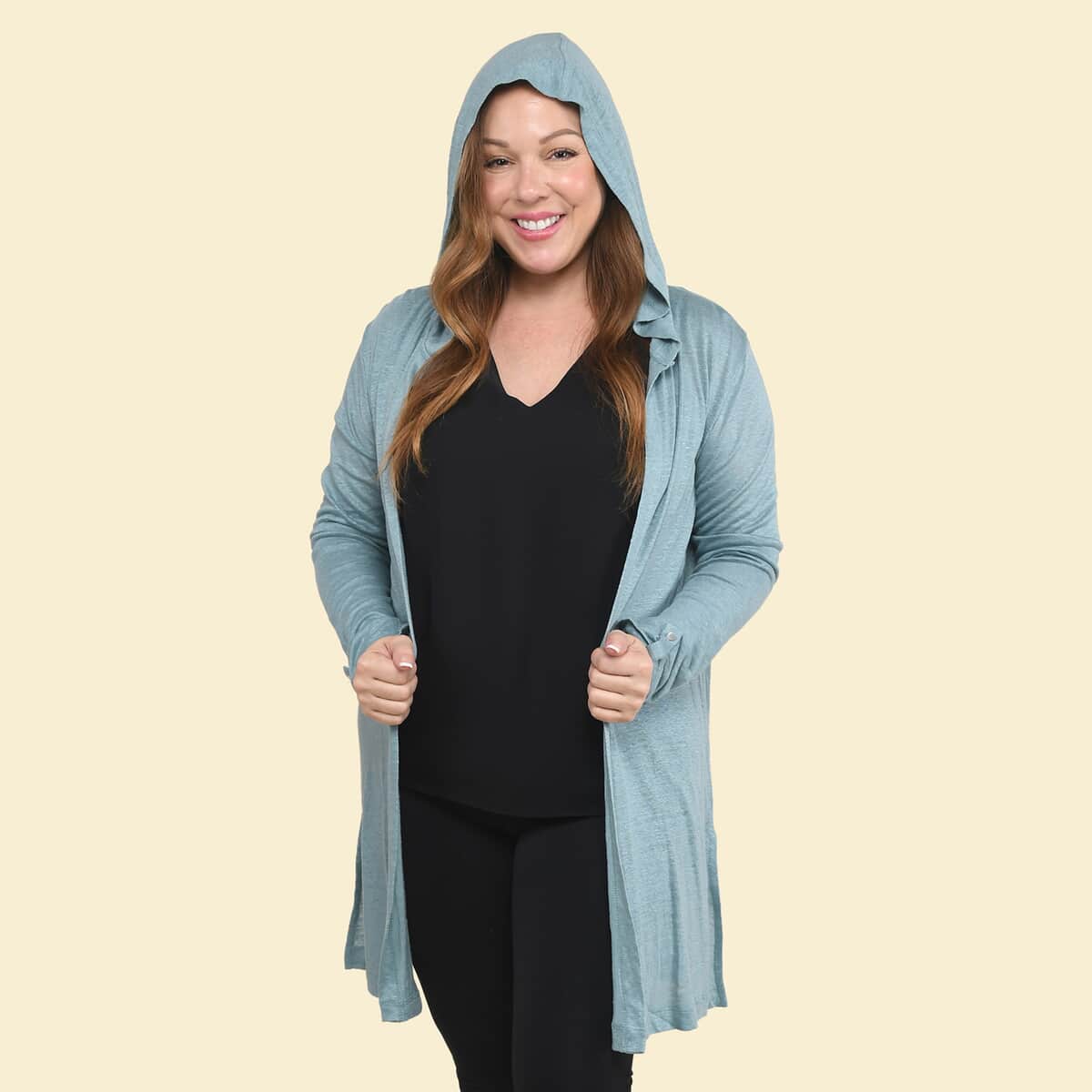 Tamsy Sea Salt Color Linen Women Cardigan with Hood Size - S image number 0
