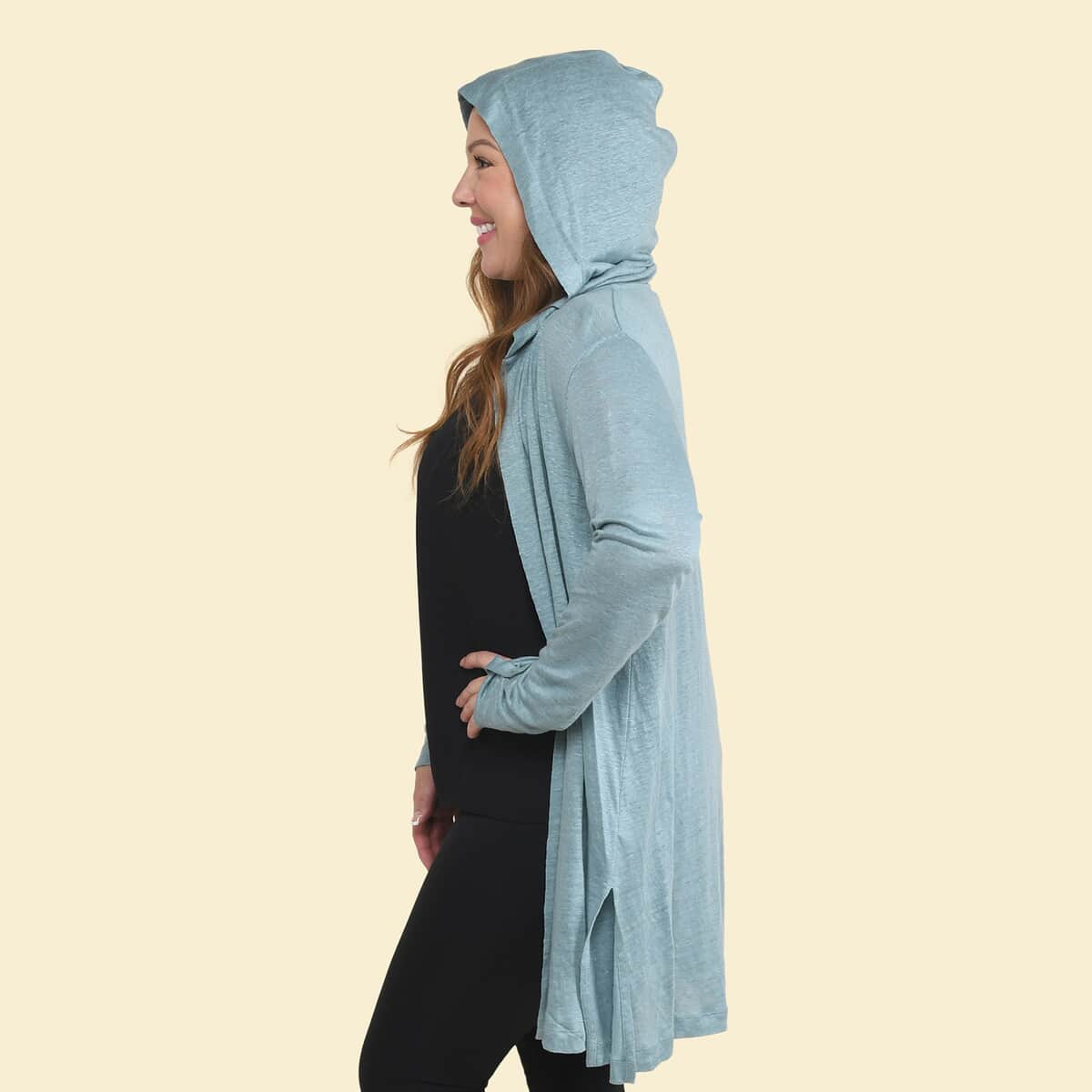 Tamsy Sea Salt Color Linen Women Cardigan with Hood Size - S image number 2