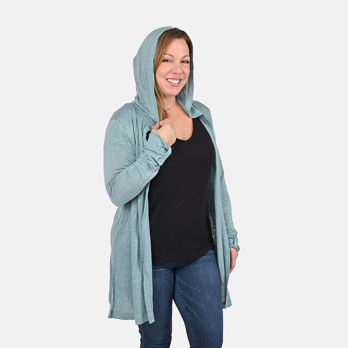 Tamsy Sea Salt Color Linen Women Cardigan with Hood Size - M image number 3