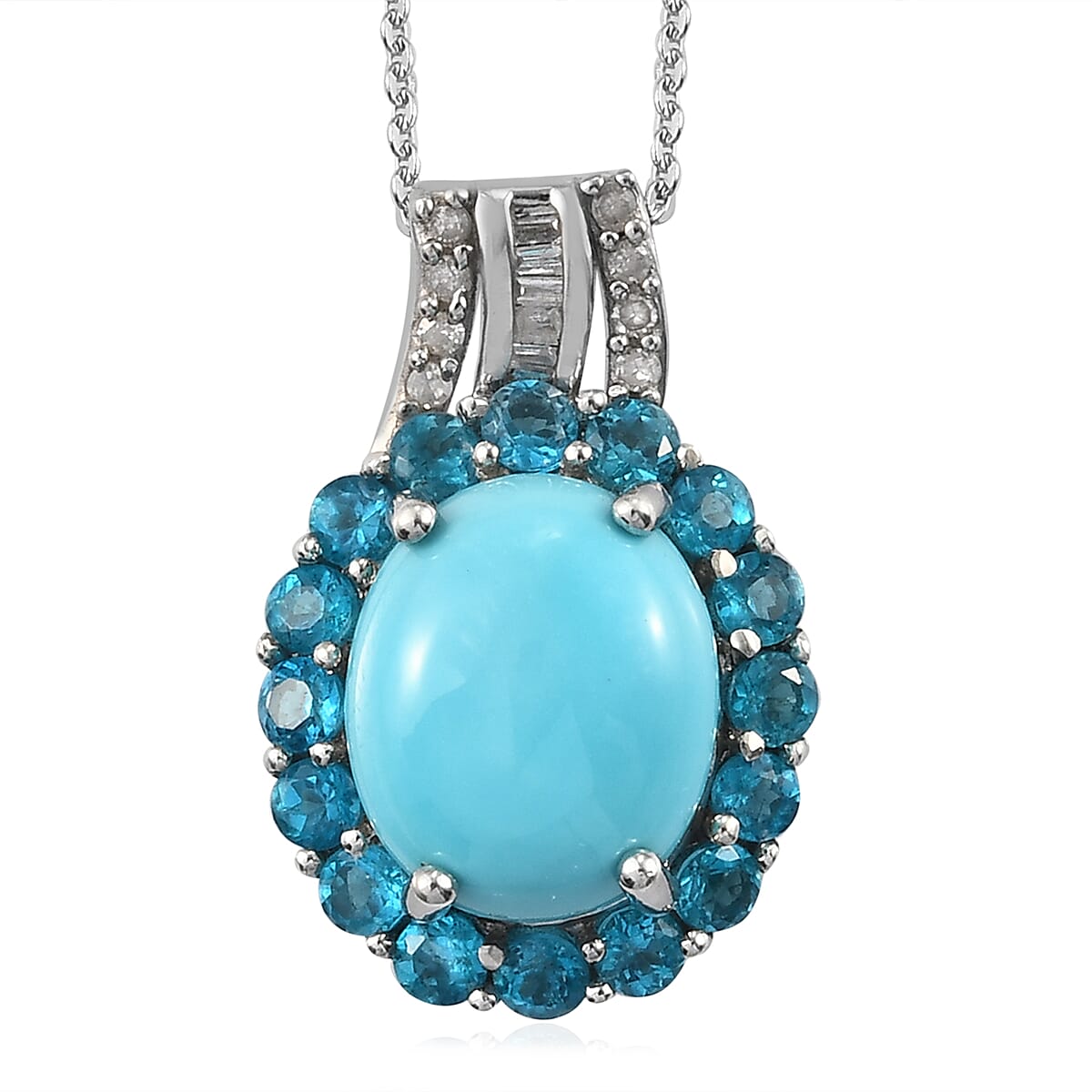 Sleeping Beauty Turquoise and Malgache Neon Apatite, Diamond Halo Pendant Necklace 20In in Platinum Over Sterling Silver 4.85 ctw image number 0