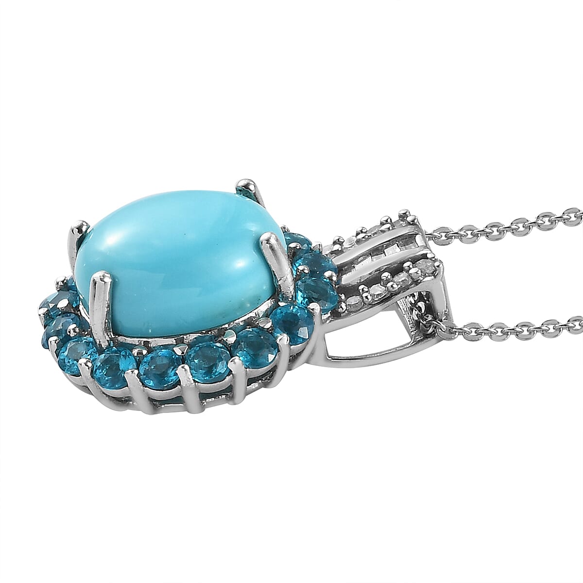 Sleeping Beauty Turquoise and Malgache Neon Apatite, Diamond Halo Pendant Necklace 20In in Platinum Over Sterling Silver 4.85 ctw image number 3