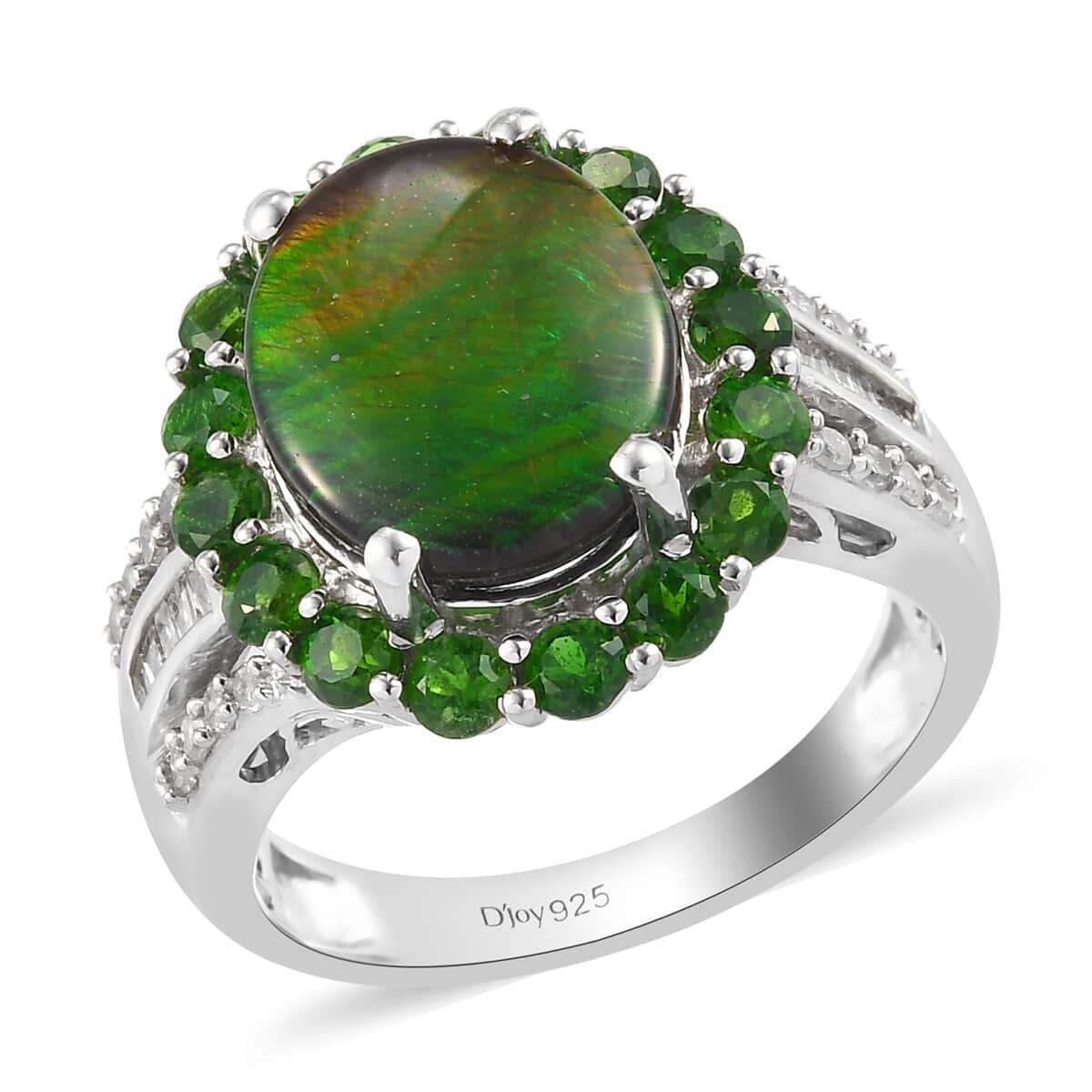 Canadian Ammolite, Natural Chrome Diopside and Diamond Ring in Platinum Over Sterling Silver (Size 10.0) 1.40 ctw image number 0