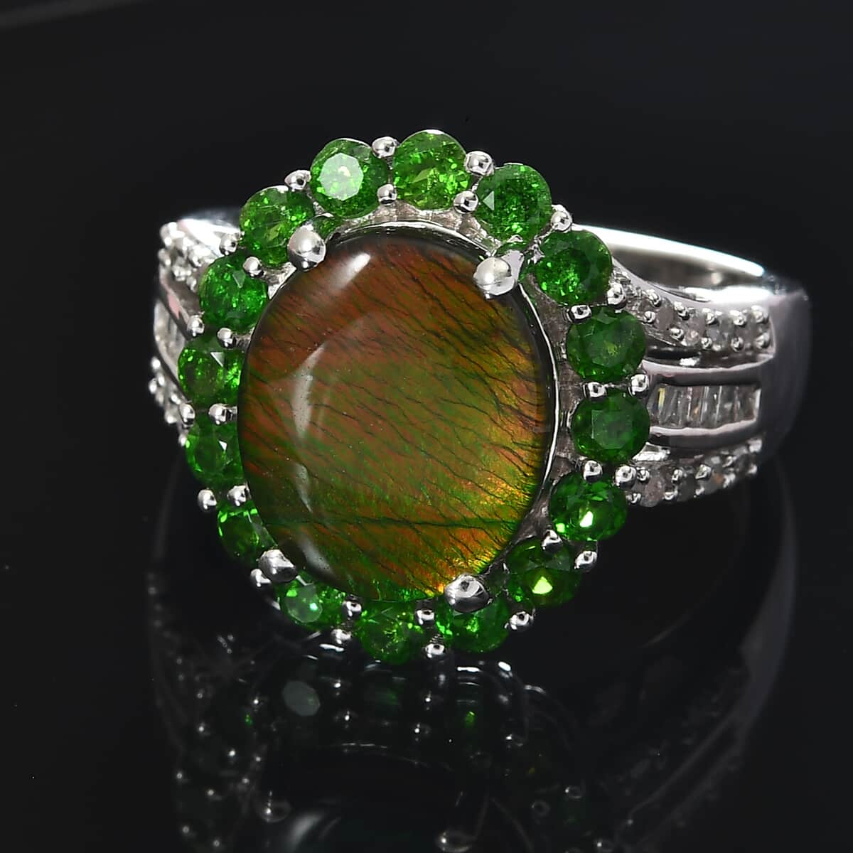 Canadian Ammolite, Natural Chrome Diopside and Diamond Ring in Platinum Over Sterling Silver (Size 10.0) 1.40 ctw image number 1