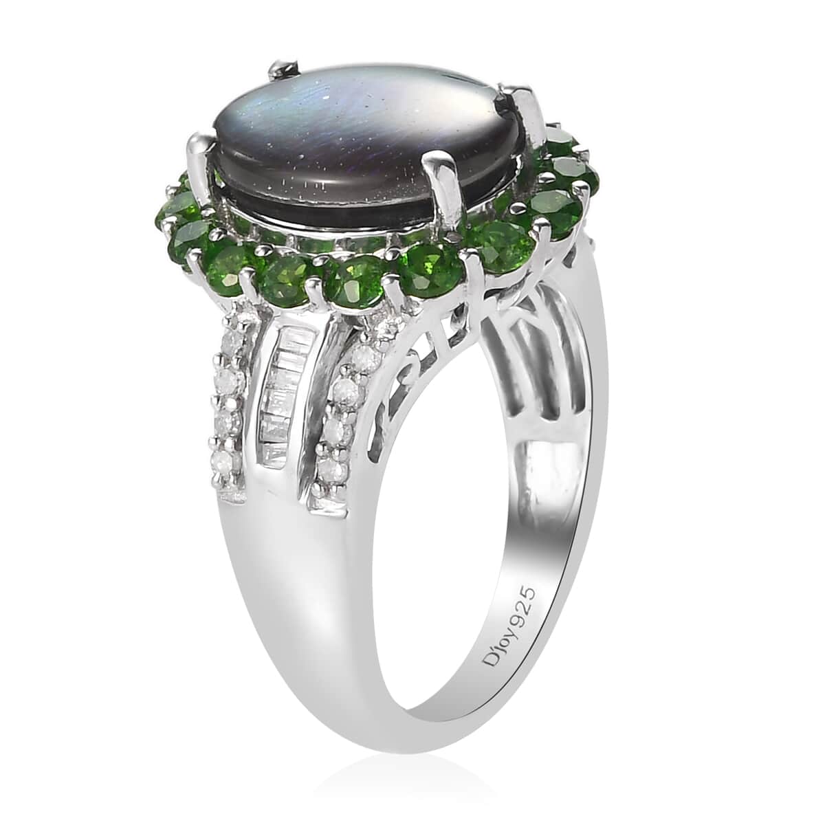 Canadian Ammolite, Natural Chrome Diopside and Diamond Ring in Platinum Over Sterling Silver (Size 10.0) 1.40 ctw image number 3