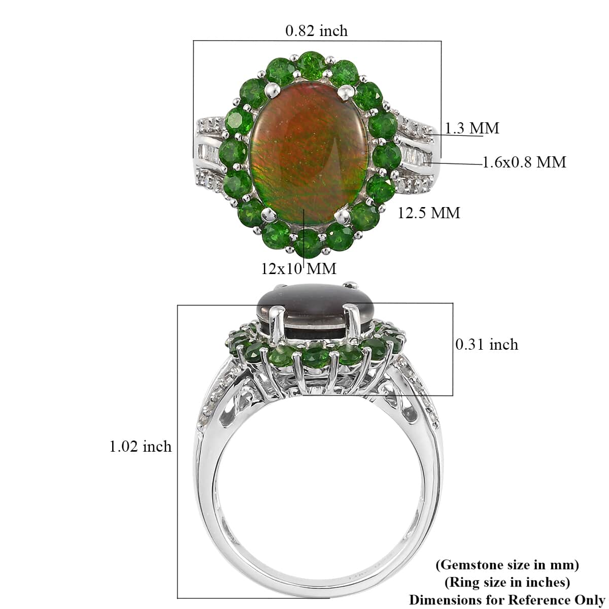 Canadian Ammolite, Natural Chrome Diopside and Diamond Ring in Platinum Over Sterling Silver (Size 10.0) 1.40 ctw image number 5