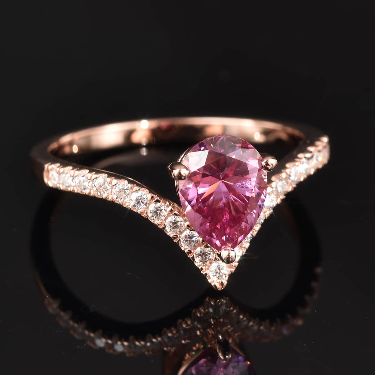 Pink Moissanite and Moissanite Wishbone Ring in Vermeil Rose Gold Over Sterling Silver (Size 10.0) 1.30 ctw image number 1