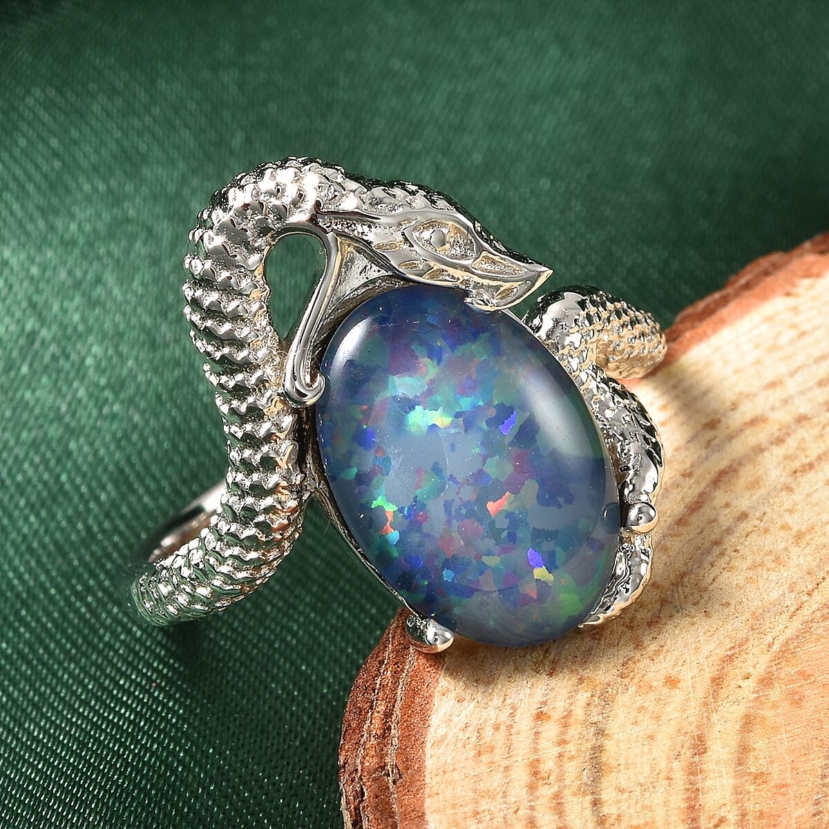 Boulder Opal Triplet Snake Ring in Rhodium Over Sterling Silver (Size 7.0) 3.50 ctw image number 1