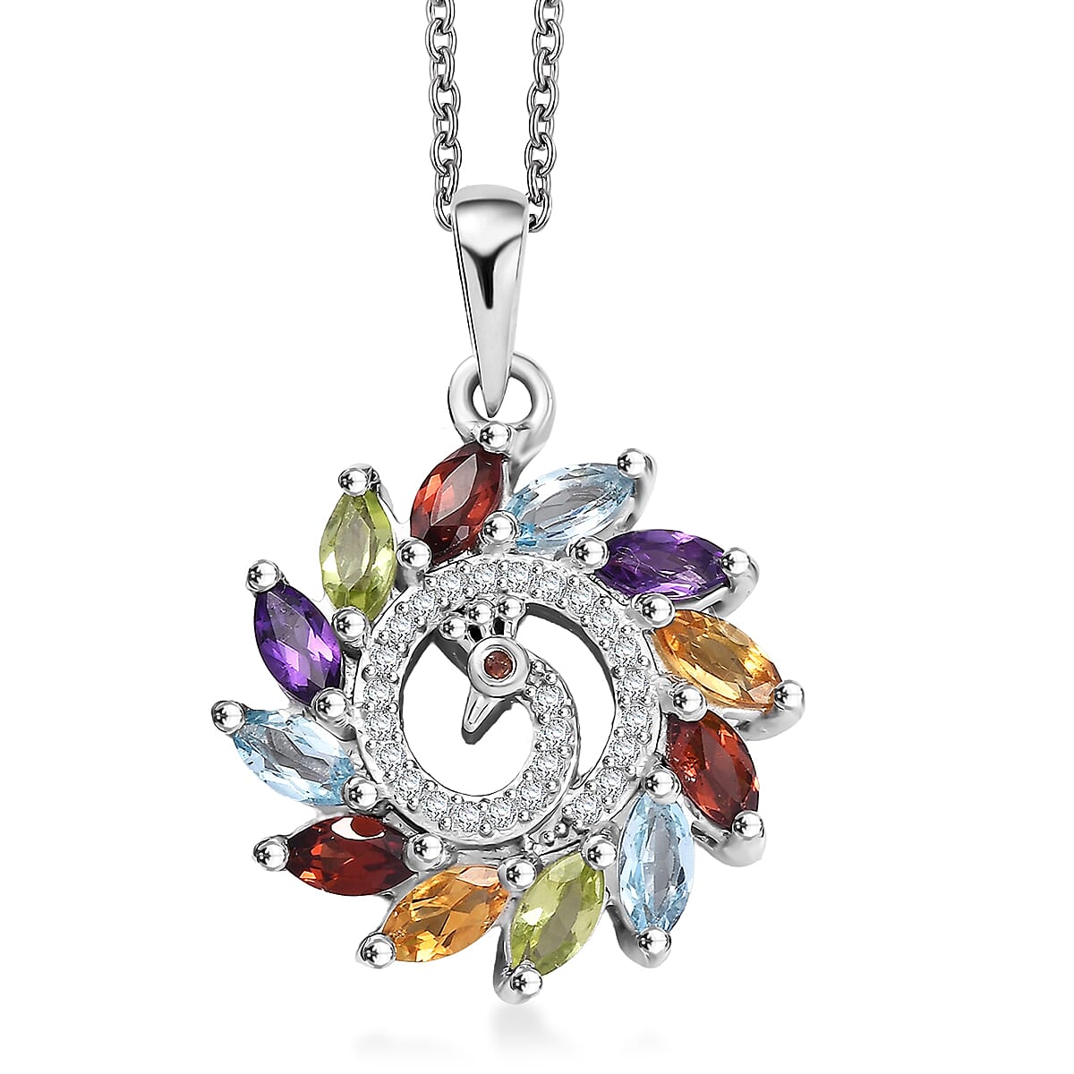 Multi Gemstones 2.10 ctw Pendant in Platinum Over Sterling Silver