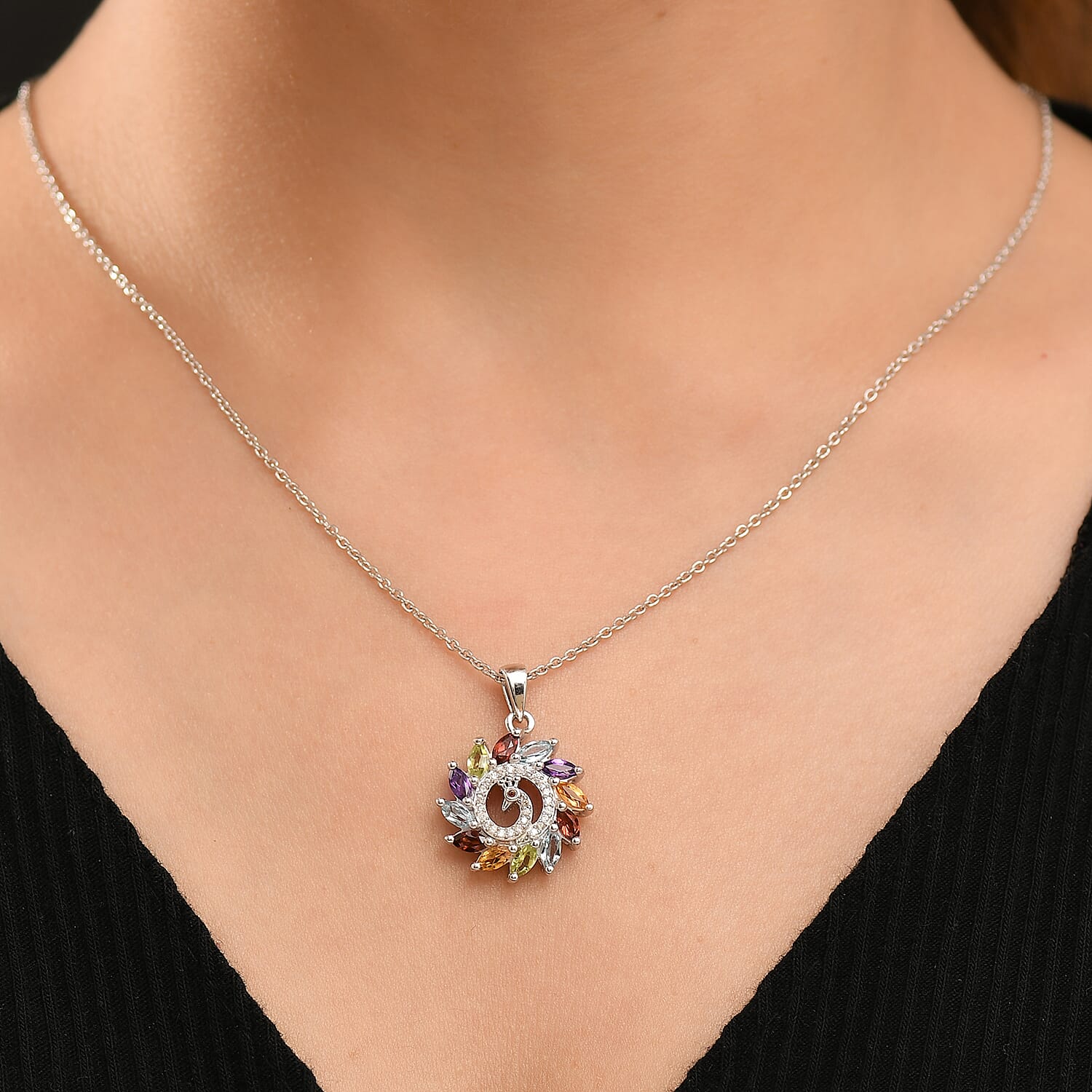Multi Gemstones 2.10 ctw Pendant in Platinum Over Sterling Silver