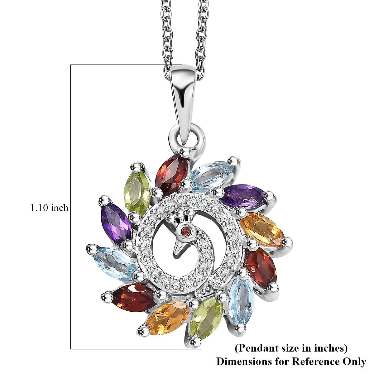 Multi Gemstones 2.10 ctw Pendant in Platinum Over Sterling Silver