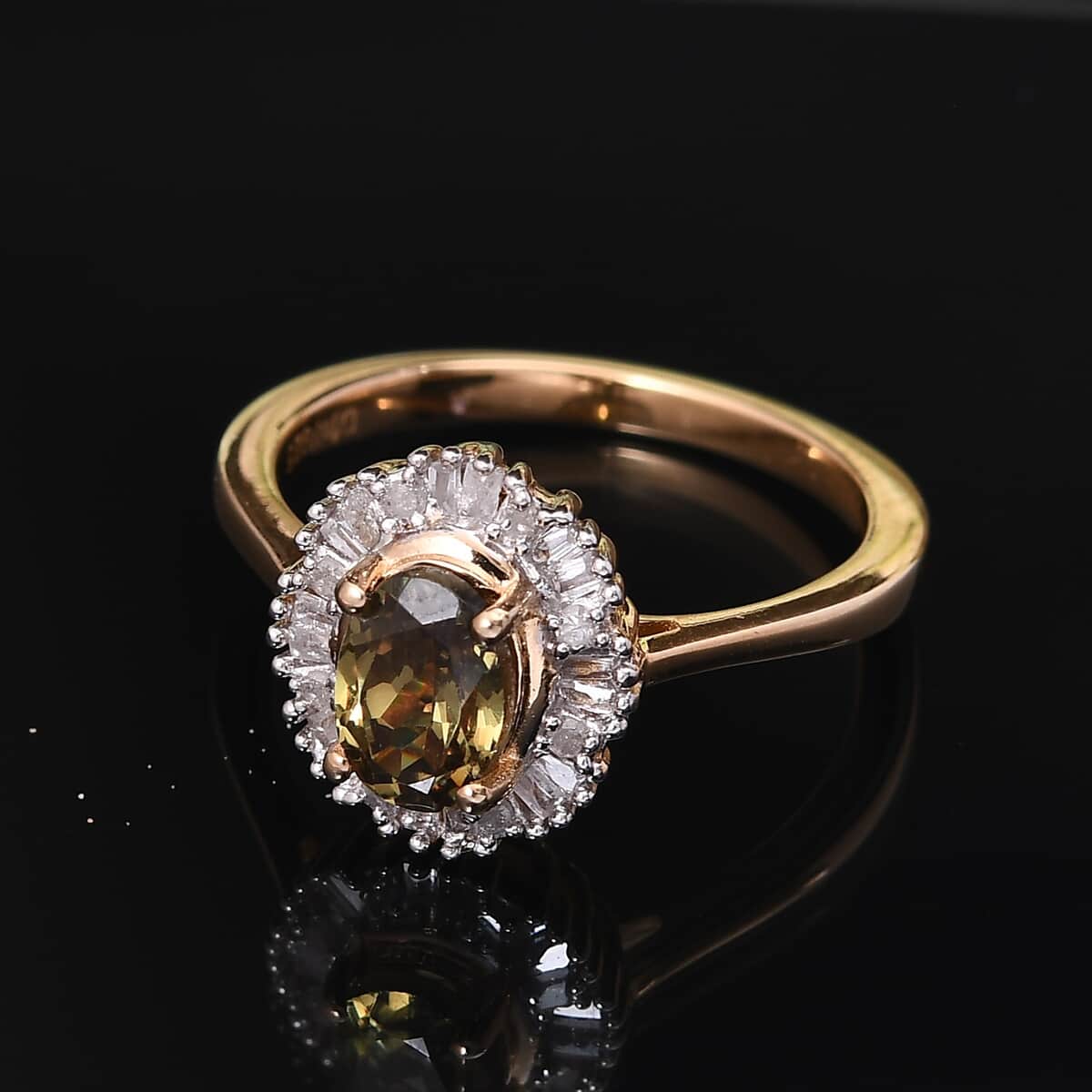 Natural Ambanja Champagne Demantoid Garnet and Diamond Halo Ring in Vermeil Yellow Gold Over Sterling Silver (Size 6.0) 1.20 ctw image number 1