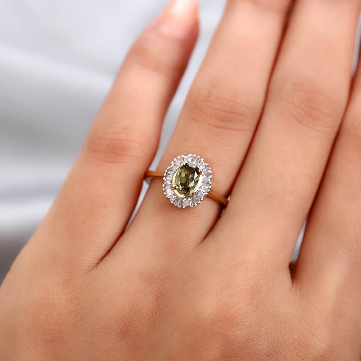 Natural Ambanja Champagne Demantoid Garnet and Diamond Halo Ring in Vermeil Yellow Gold Over Sterling Silver (Size 6.0) 1.20 ctw image number 2