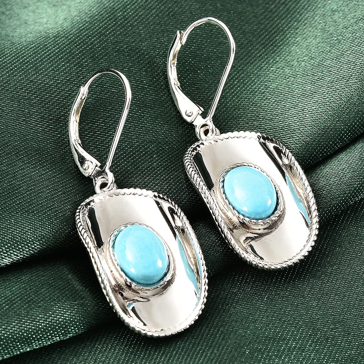 AMERICAN Natural Sleeping Beauty Turquoise Cowboy Hat Inspired Earrings in Rhodium Over Sterling Silver 2.20 ctw image number 1