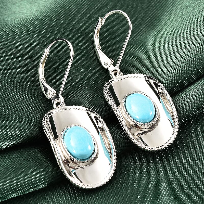 AMERICAN Natural Sleeping Beauty Turquoise Cowboy Hat Inspired Earrings in Rhodium Over Sterling Silver 2.20 ctw