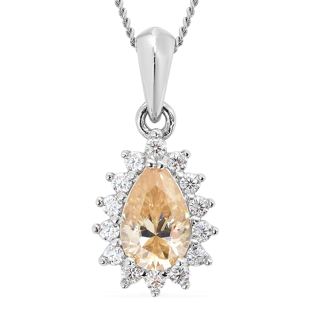 Yellow Moissanite and Moissanite Halo Pendant Necklace 18 Inches in Rhodium Over Sterling Silver 1.00 ctw