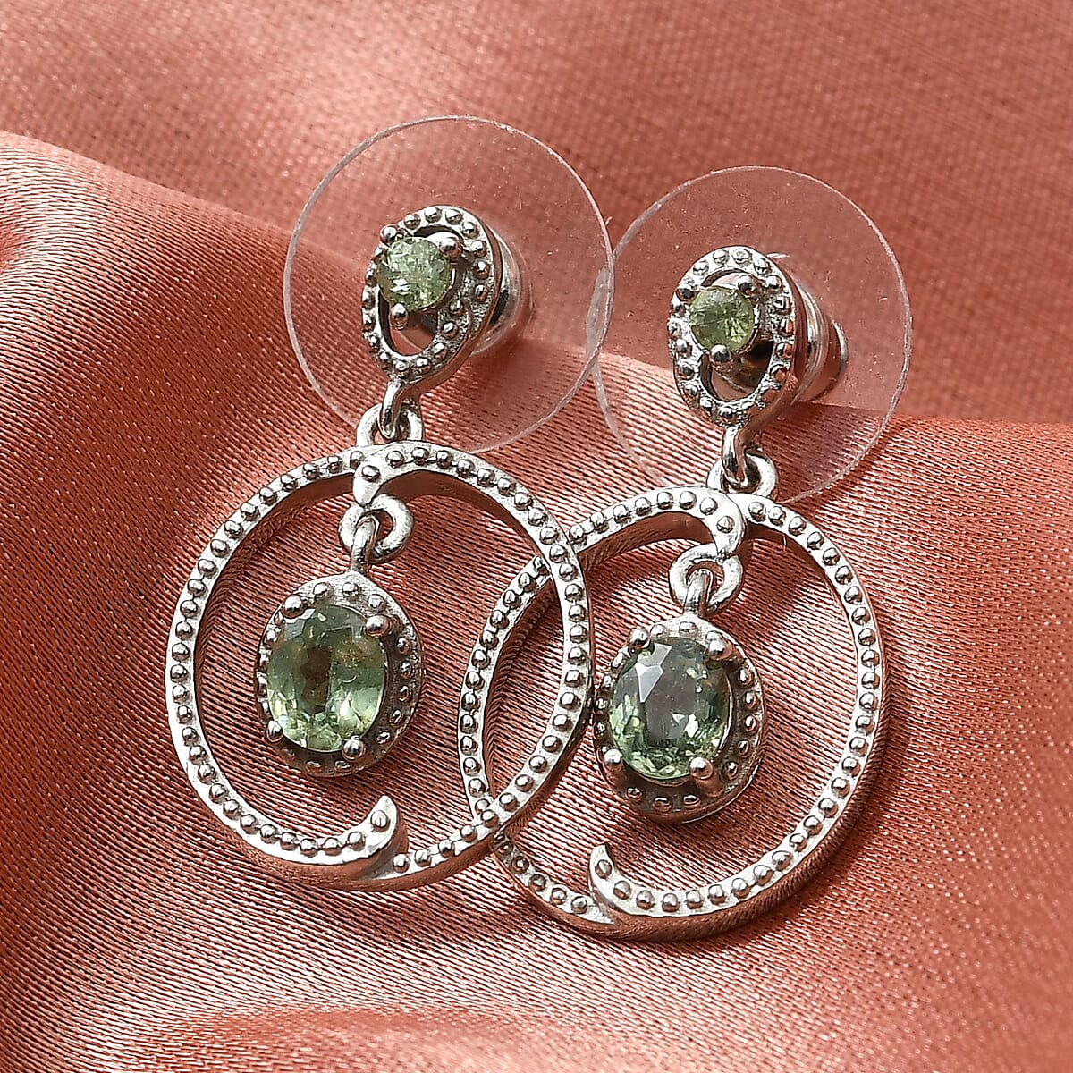 Ambanja Demantoid Garnet Dangling Earrings in Platinum Over Sterling Silver 1.10 ctw image number 1
