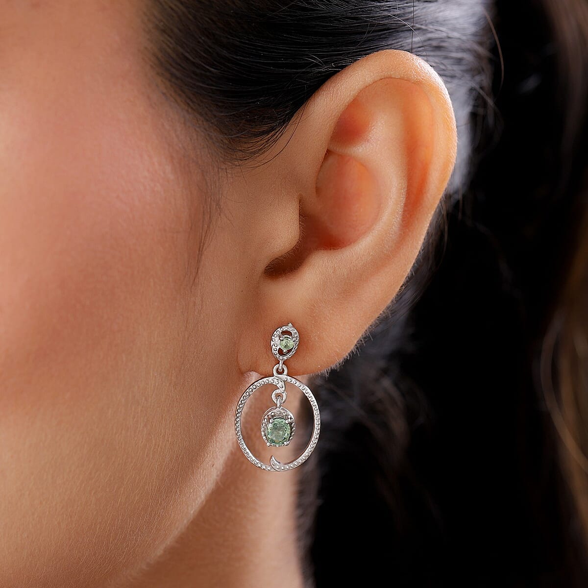 Ambanja Demantoid Garnet Dangling Earrings in Platinum Over Sterling Silver 1.10 ctw image number 2