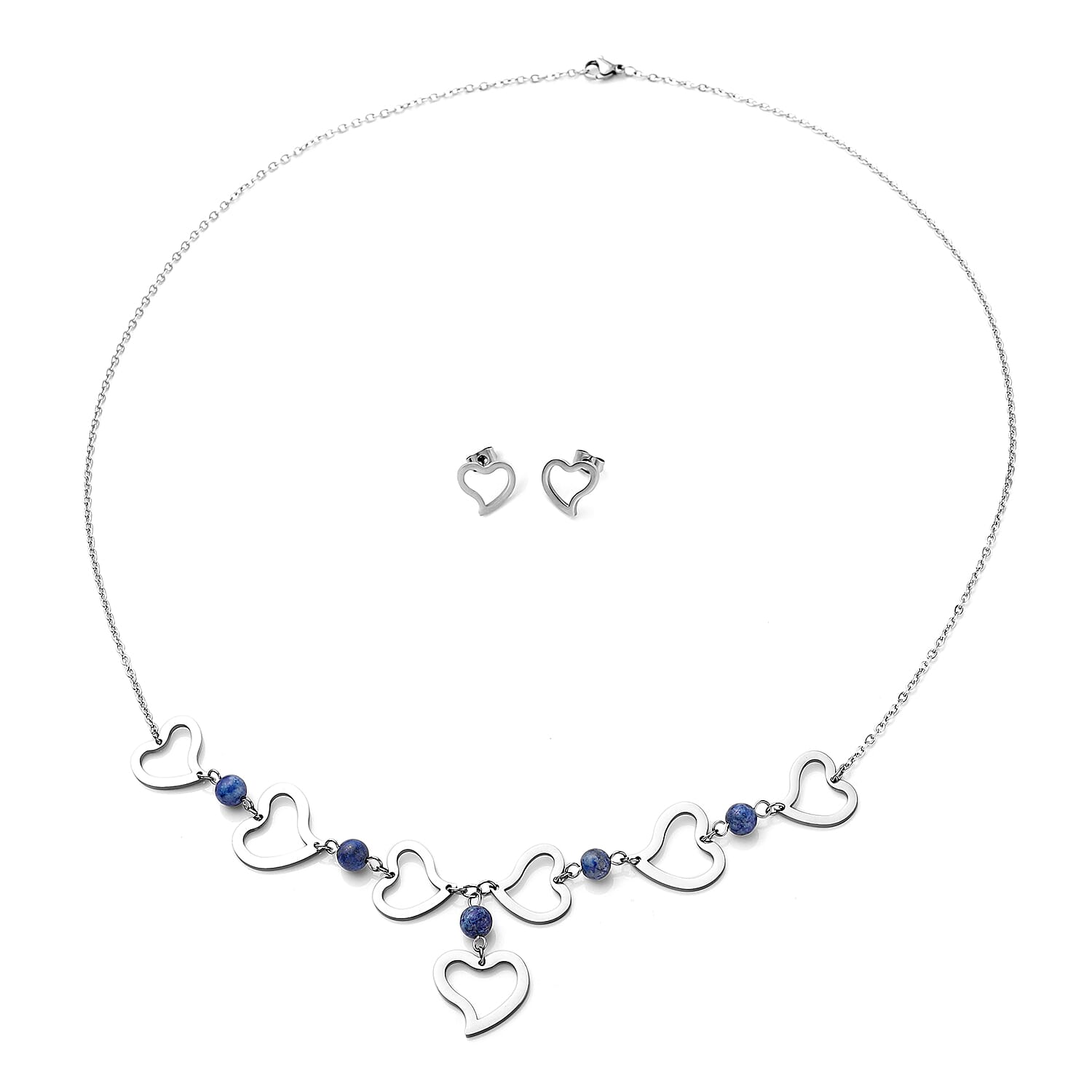 Lapis Lazuli Beaded Heart Charm Necklace 25 Inches and Heart Earrings in Stainless Steel 6.00 ctw