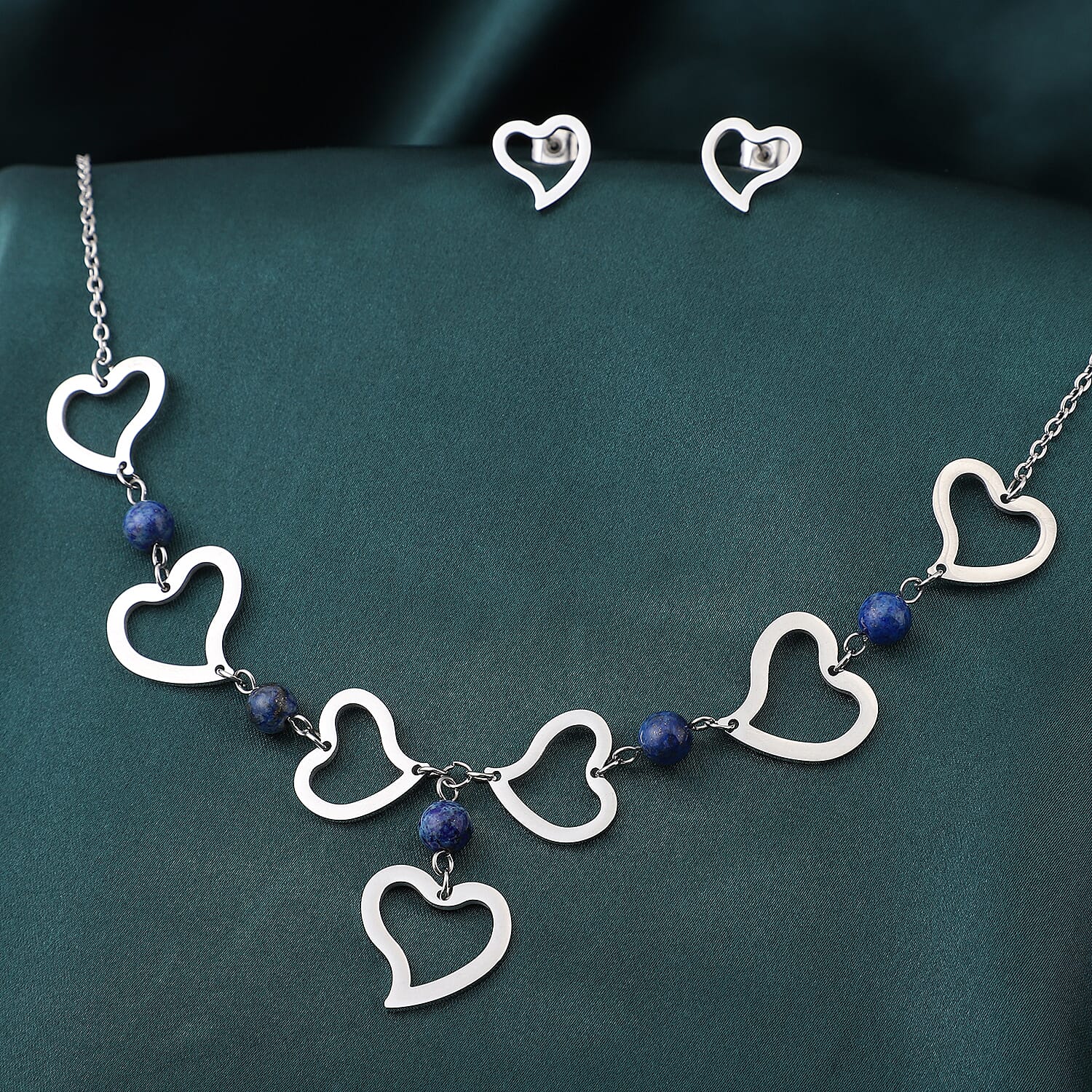 Lapis Lazuli Beaded Heart Charm Necklace 25 Inches and Heart Earrings in Stainless Steel 6.00 ctw