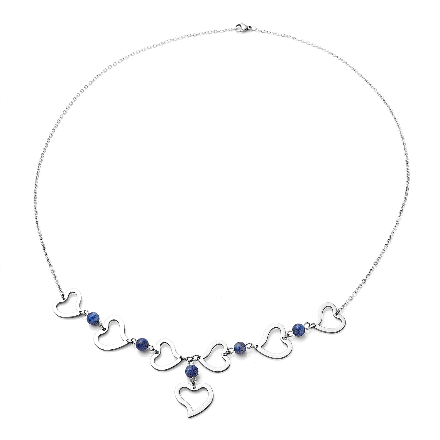 Lapis Lazuli Beaded Heart Charm Necklace 25 Inches and Heart Earrings in Stainless Steel 6.00 ctw