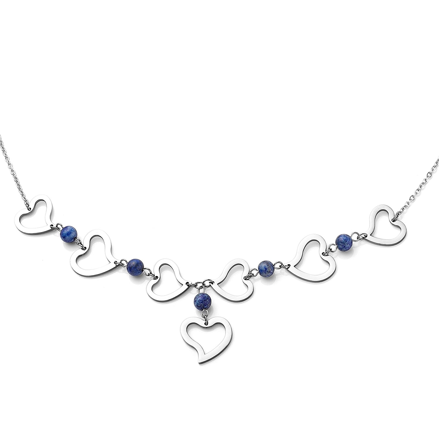 Lapis Lazuli Beaded Heart Charm Necklace 25 Inches and Heart Earrings in Stainless Steel 6.00 ctw