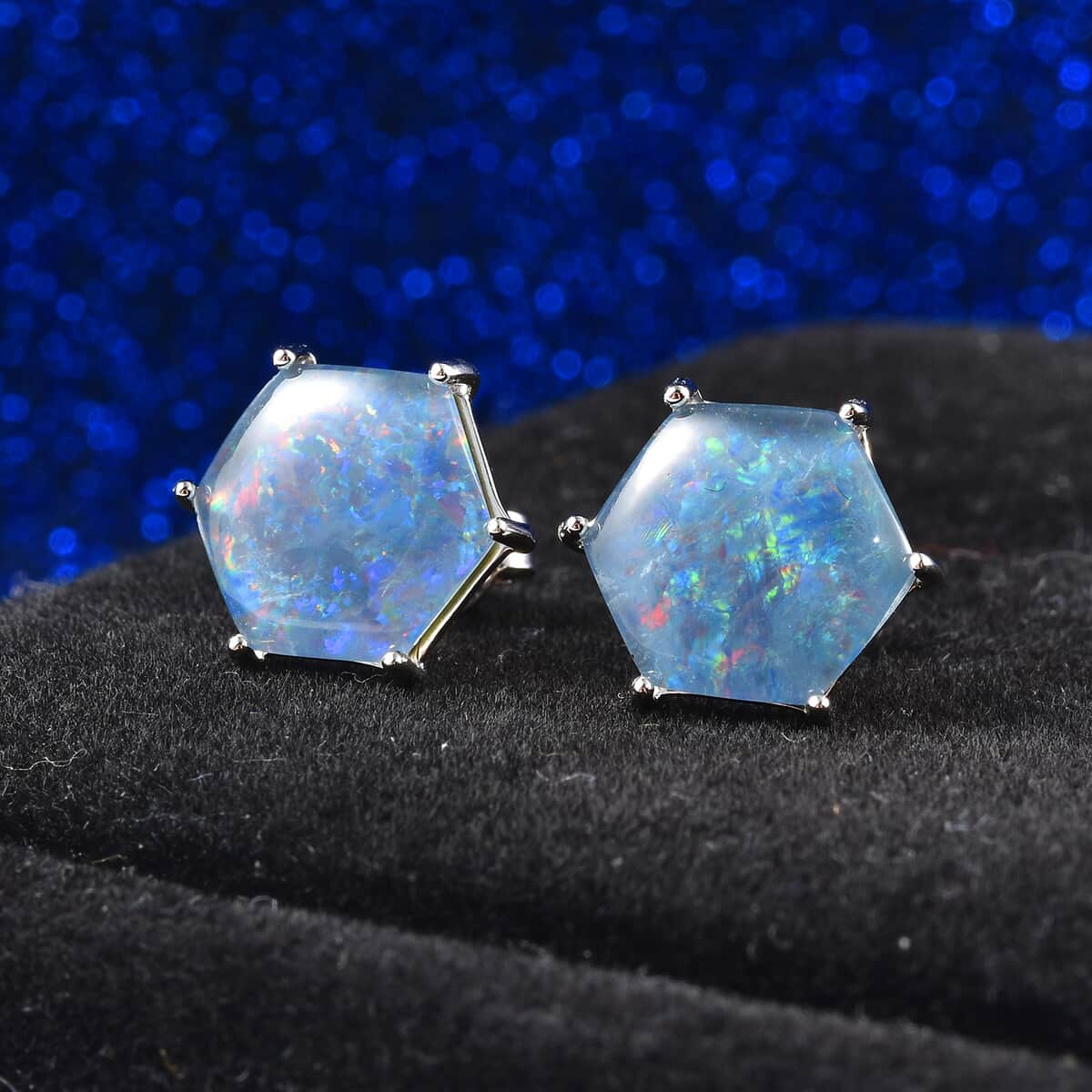 Boulder Opal Triplet Solitaire Stud Earrings in Rhodium Over Sterling Silver 4.50 ctw image number 1