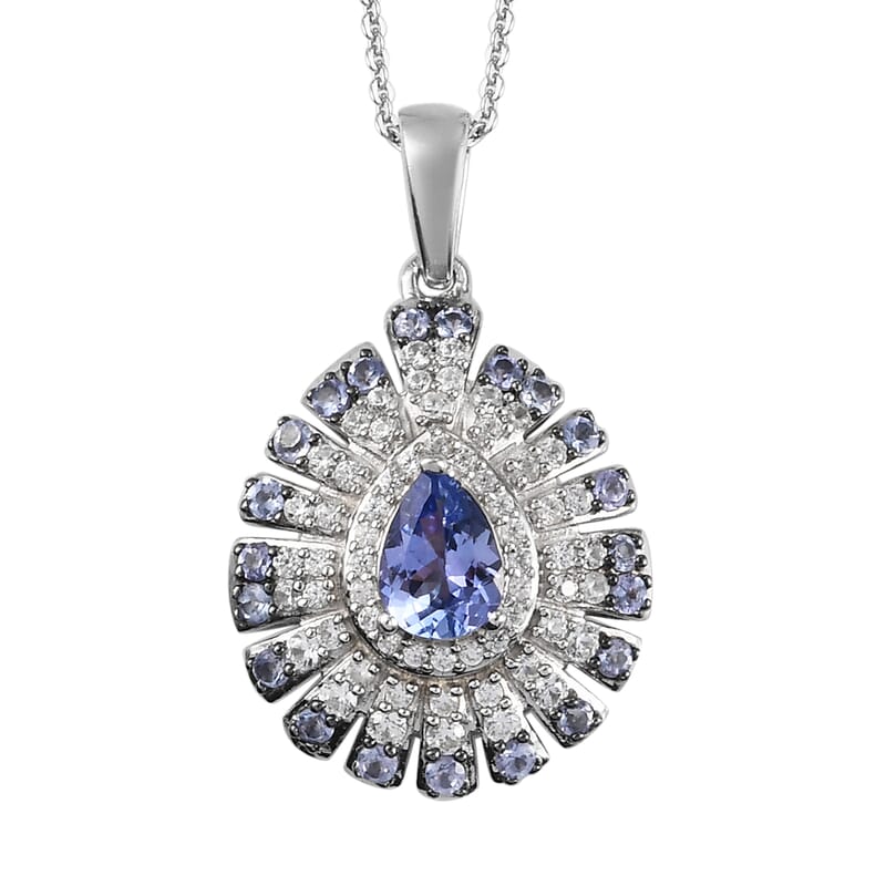 Tanzanite and Zircon Cluster Pendant Necklace 20 Inches in Platinum Over Sterling Silver 1.75 ctw