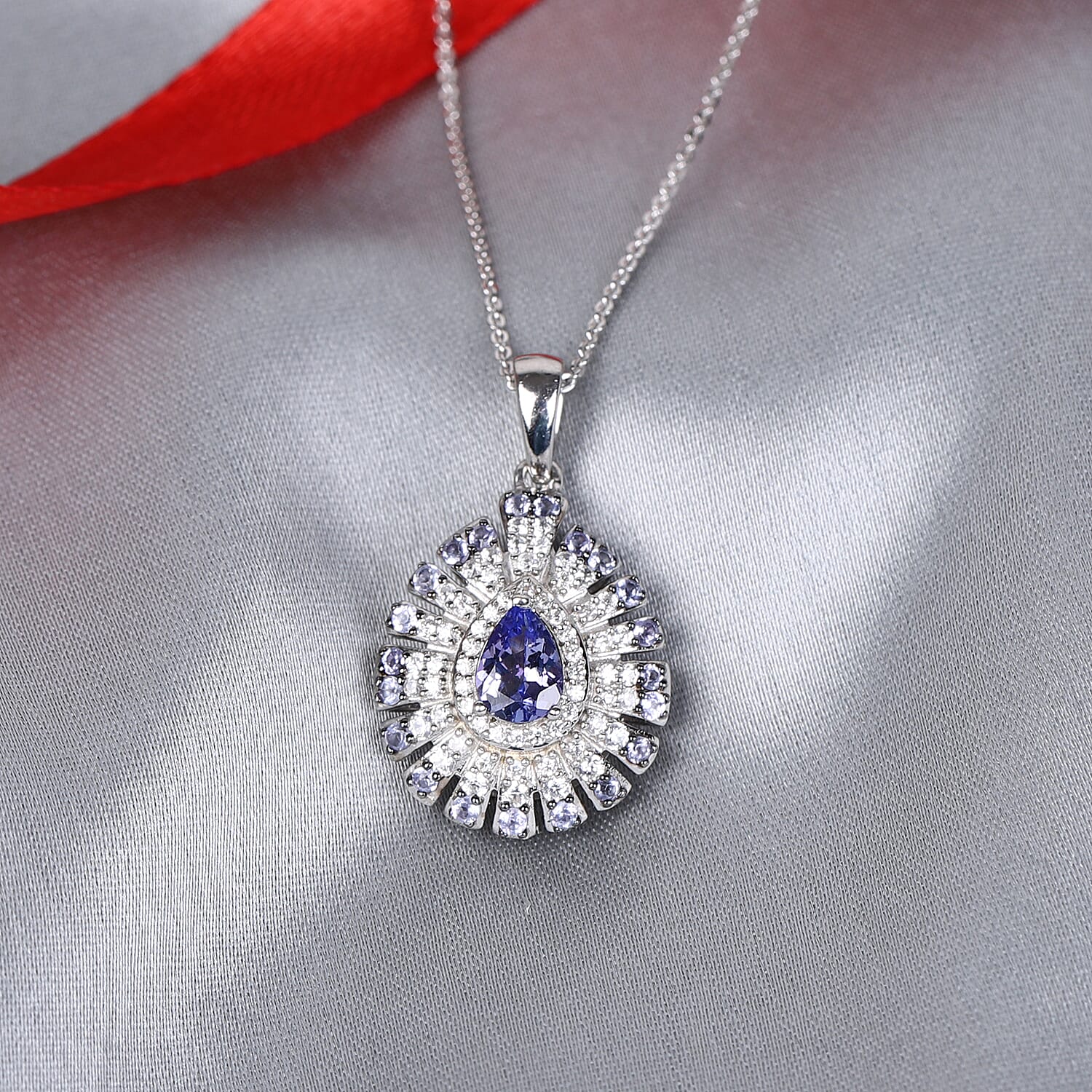 Tanzanite and Zircon Cluster Pendant Necklace 20 Inches in Platinum Over Sterling Silver 1.75 ctw