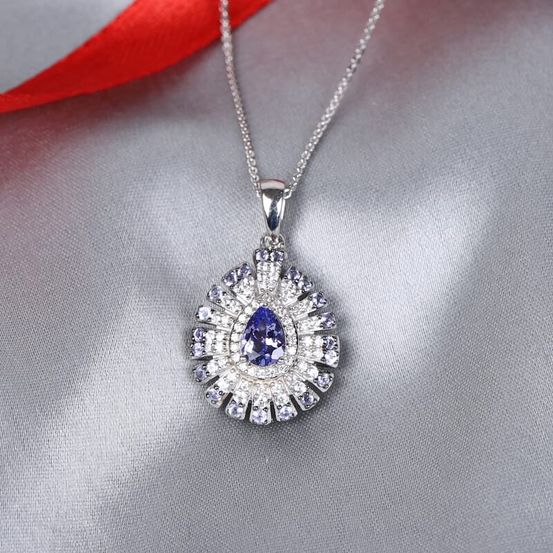 Tanzanite and Zircon Cluster Pendant Necklace 20 Inches in Platinum Over Sterling Silver 1.75 ctw