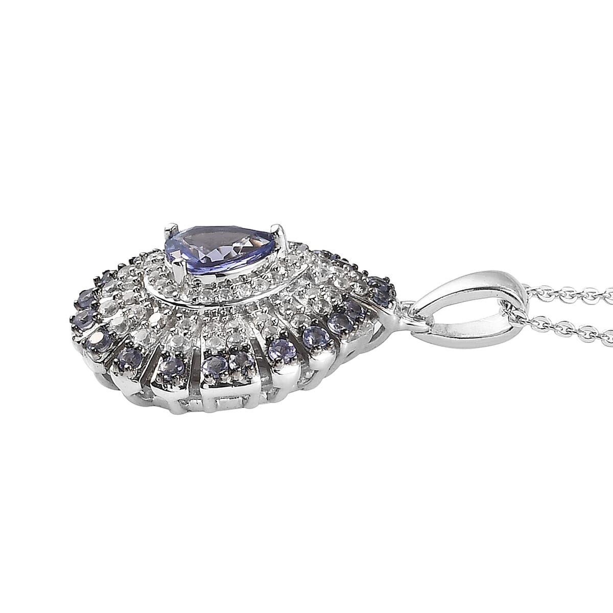 Tanzanite and Zircon Cluster Pendant Necklace 20 Inches in Platinum Over Sterling Silver 1.75 ctw