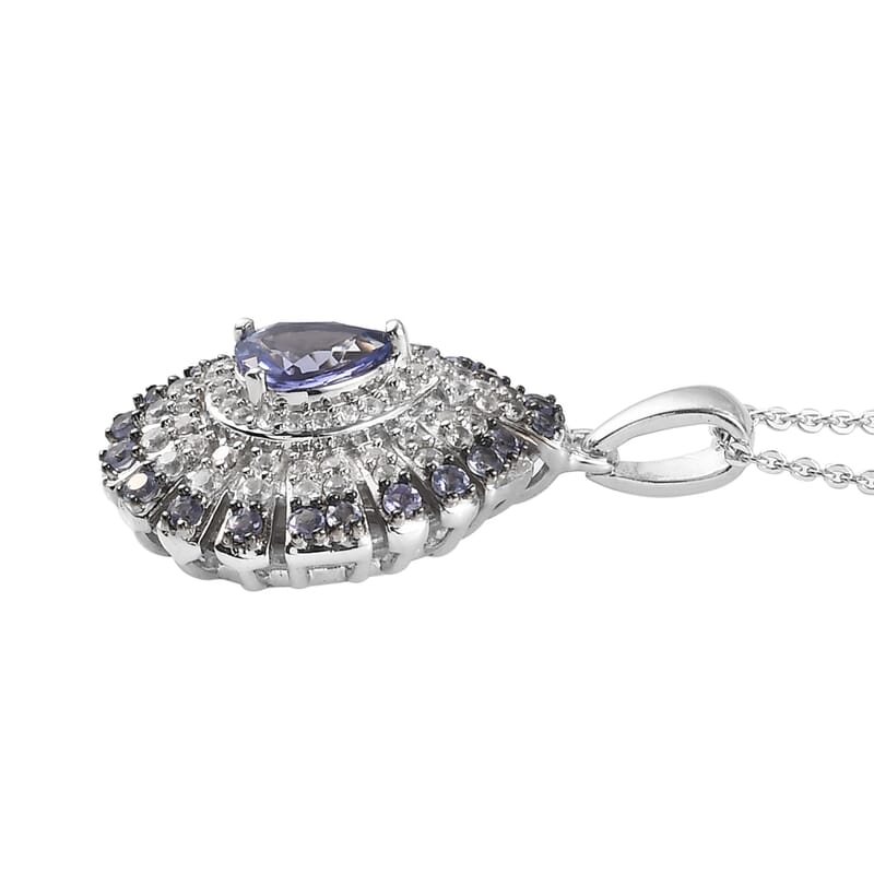 Tanzanite and Zircon Cluster Pendant Necklace 20 Inches in Platinum Over Sterling Silver 1.75 ctw