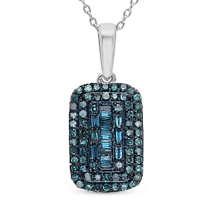 Blue Diamond Baguette Shape Cocktail Pendant Necklace 18 Inches in Rhodium & Platinum Over Sterling Silver 0.50 ctw
