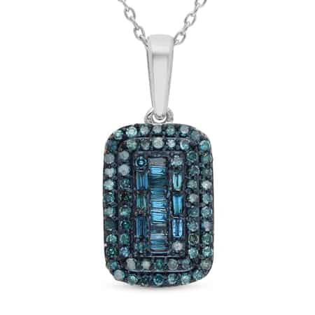 Blue Diamond Baguette Shape Cocktail Pendant Necklace 18 Inches in Rhodium & Platinum Over Sterling Silver 0.50 ctw image number 0