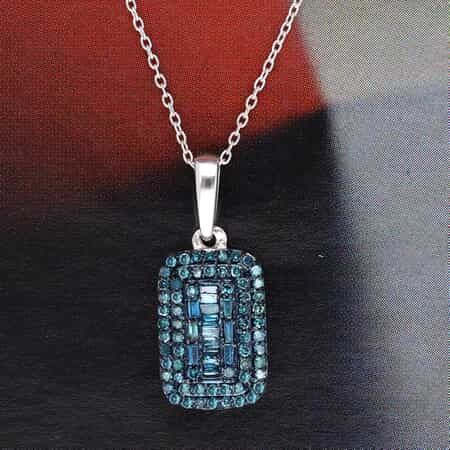 Blue Diamond Baguette Shape Cocktail Pendant Necklace 18 Inches in Rhodium & Platinum Over Sterling Silver 0.50 ctw image number 1